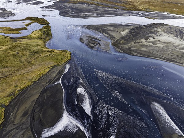 Overgrown river landscape, Eldhraun, near Kirkjubaejarklaustur, drone image, Sudurland, Iceland,