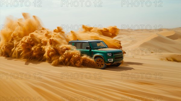 Luxury british classic 4x4 green off-road vehicle speeding across sandy dunes, kicking up sand in