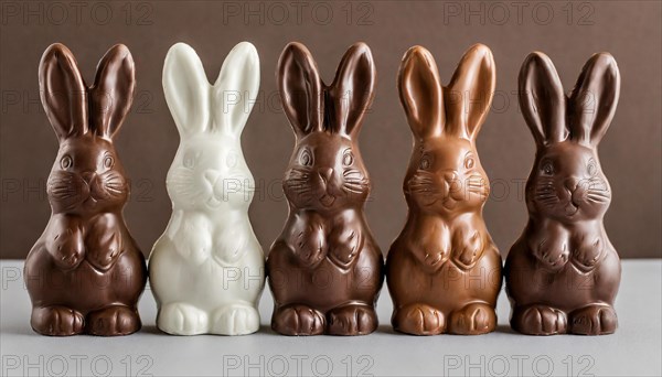 A series of chocolate bunnies in white and various shades of brown, Easter symbol, AI generated, AI