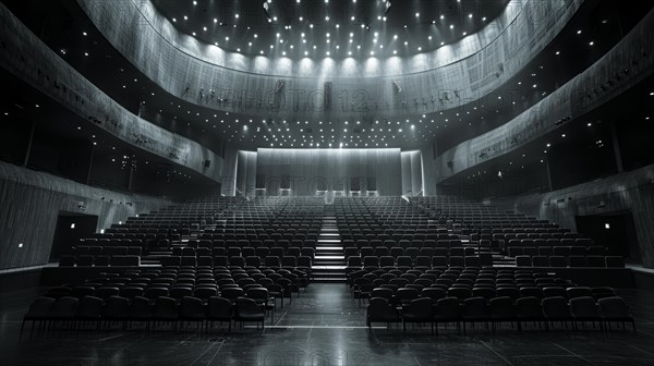 Modern auditorium with empty seats and a bright stage, captured in monochrome tones, ai generated,