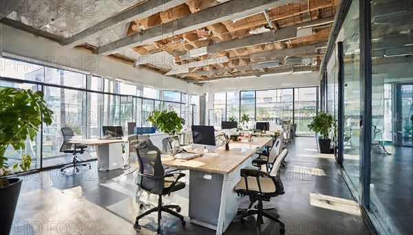 Open office design with natural wooden beams and green accents emphasises a modern style, symbol
