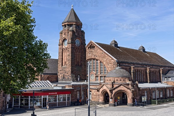 Historic Wilhelmine railway station, clock tower, pavilion with entrance to the station building,