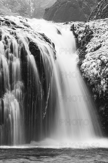Stjornarfoss waterfall, near Kirkjubaejarklaustur, black and white photo, Sudurland, Iceland,
