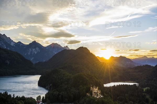 Hohenschwangau Castle, foehn storm, sunset, near Fuessen, Ostallgaeu, Allgaeu, Bavaria, Germany,
