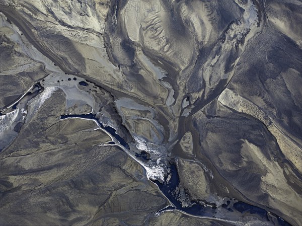 Overgrown river landscape, Eldhraun, near Kirkjubaejarklaustur, drone image, Sudurland, Iceland,