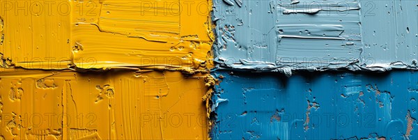 Abstract art with perpendicular brush strokes in yellow and blue creating texture, banner 3:1 wide