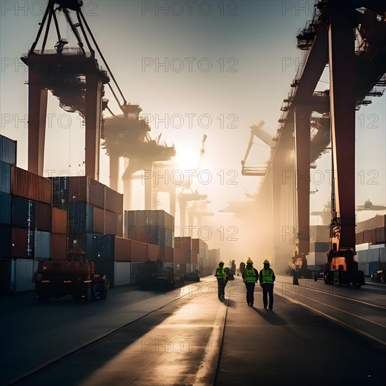 Bustling container terminal capturing the scene from the inner depths as colossal cranes, AI