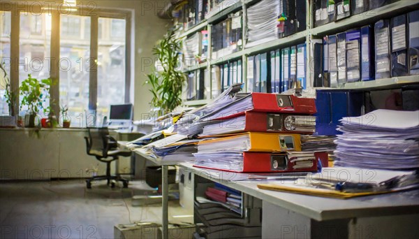 A busy office full of piles of documents and folders on shelves with a focus on organisation,