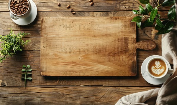 Top view of a rustic wooden cutting board with a coffee cup and latte art, surrounded by greenery