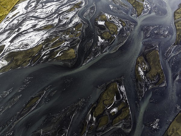 Overgrown river landscape, Eldhraun, near Kirkjubaejarklaustur, drone image, Sudurland, Iceland,