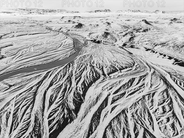 Overgrown river landscape, onset of winter, Fjallabak Nature Reserve, drone image, black and white