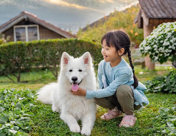Dog, puppies of a white shepherd dog playing with a five-year-old girl in the garden, AI generated,