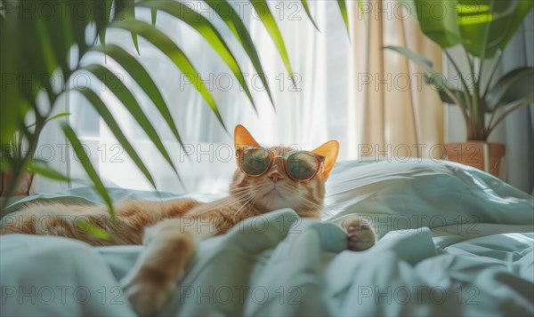 Cat wearing orange sunglasses lies comfortably on a blue bed with green plants in background AI