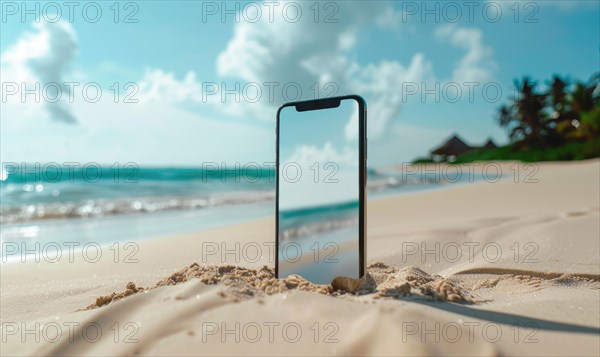 Smartphone mockup with a blank screen on a tranquil beach background, travel and tourism AI