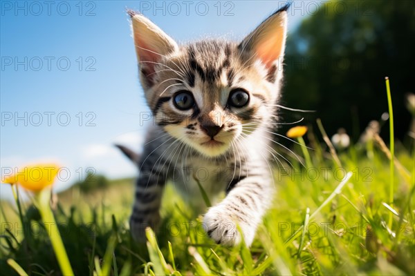 Playful Cute Kitten outdoors in Sunlit Grass. Kitten excitement and wonder as it explores the