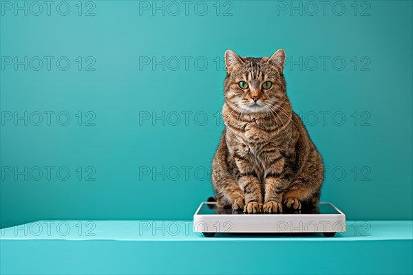 Overweight fat tabby cat sitting on white scales in front of teal background with copy sapce. KI