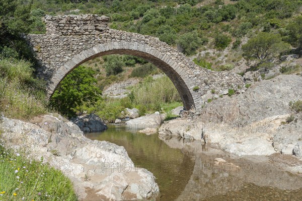 Historic arch bridge Le Pont des Fees over the river La Garde, Grimaud-Village, Var,