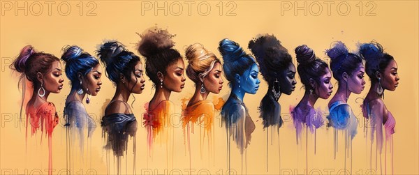 Artistic representation of women's profiles in a spectrum of colors with diverse hairstyles and