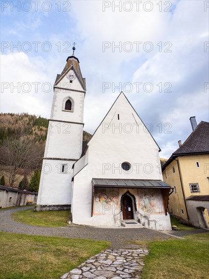 Parish church Tragoess-Oberort, dedicated to St Magdalena, fortified church in Romanesque style,