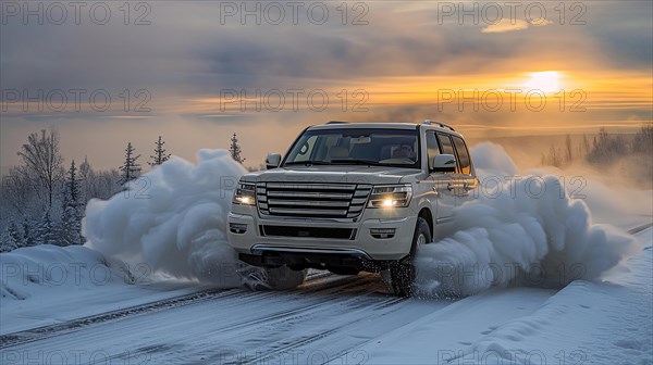Classic 4x4 big SUV speeds through a snowy forest road at sunset, kicking up a trail of snow, AI
