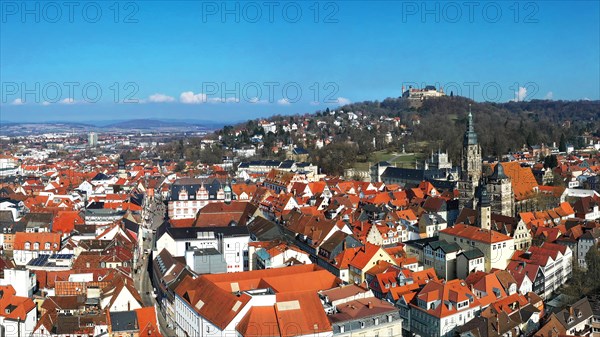 Aerial view of Coburg with a view of the historic old town centre. Dingolfing, Upper Franconia,