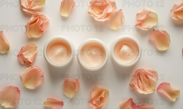 Three creme jar blank mockups nestled amidst delicate flower petals on a white background AI