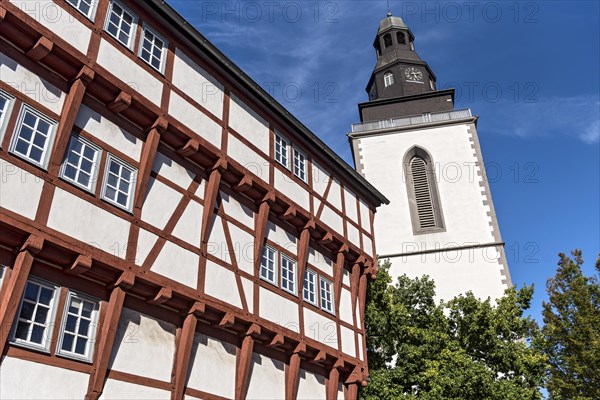 Leib'sches Haus, medieval half-timbered building as Upper Hesse Museum, Gothic bell tower of the