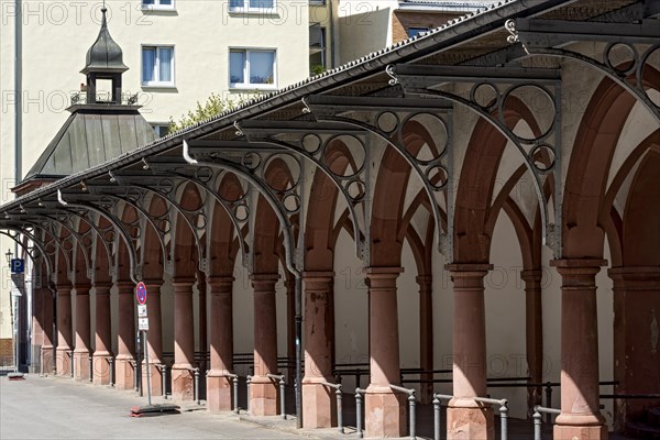 Historic market arbours, archway with columns, arcades, Giessen weekly market market, old town,