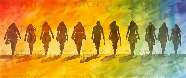 Silhouettes of women walking together in an abstract watercolor gradient of rainbow colors, banner