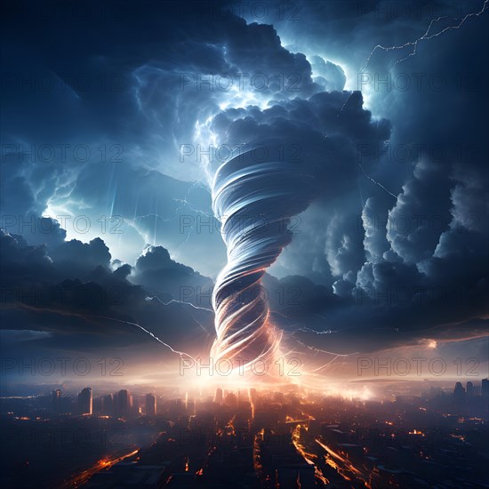 3d render abstract particles converging into a tornado to represent severe weather phenomena over a