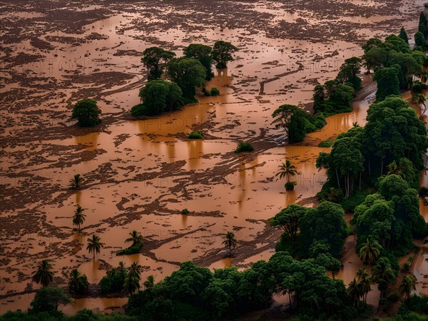 Heavy rainfall pouring on an already saturated ground leading to mudslides captured in a stormy