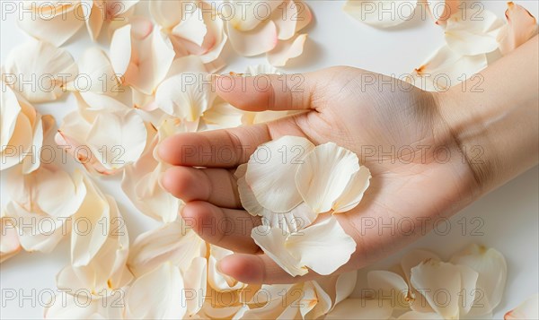 Close-up of a woman's hand with a neutral manicure, adorned with delicate flower petals AI