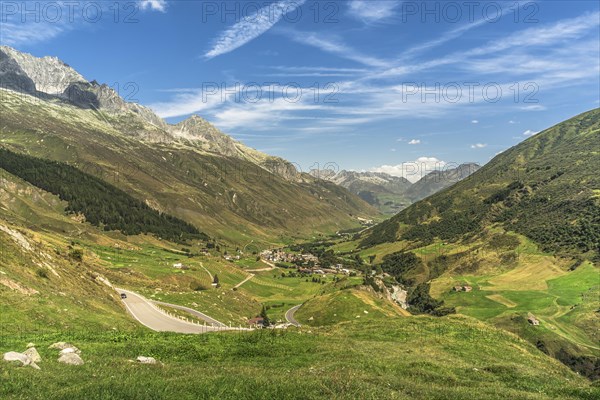 Alpine landscape at the Furka Pass, view into the Urseren Valley, Realp, Canton Uri, Switzerland,