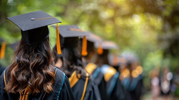 Graduates in a procession wearing caps and gowns, captured from behind, blurry out of focus