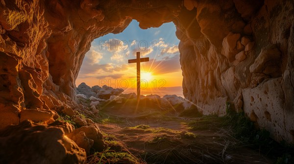 Easter concept cross on Golgotha Calvary hill against a dramatic sunset seen from open tomb of