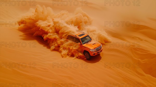 An orange car covered with sand dust driving off-road in golden desert dunes, action sports