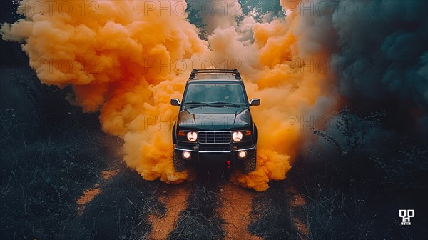 Aerial view of a dark SUV enveloped in orange smoke on a forest trail, action sports photography,