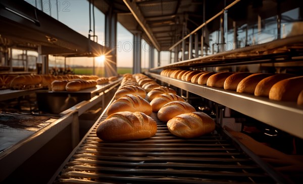 Bread production on a conveyor belt, revenue from organic bread at the factory, AI generated