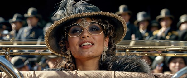 Smiling woman in vintage clothing and feathered hat enjoying a parade, exuding elegance, AI