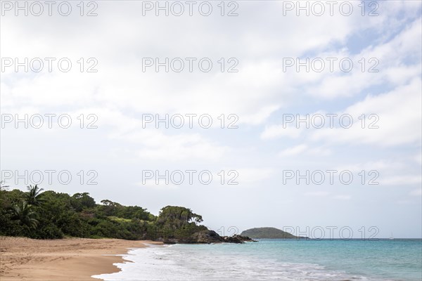 Lonely, wide sandy beach with turquoise-coloured sea. Tropical plants in a bay in the Caribbean