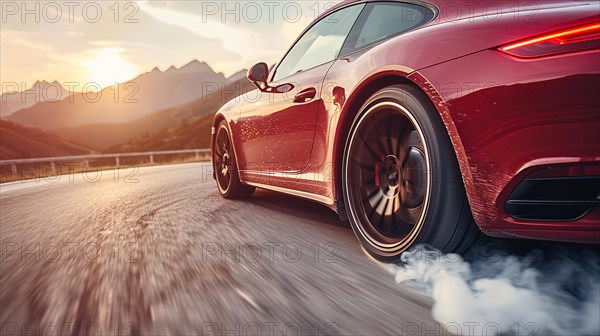 Red luxury sporty coupe german car in high speed motion blur with smoke, speeding at sunset with