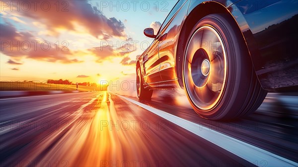 Car captured from the side in motion during golden hour with clear sky and reflections, low ultra