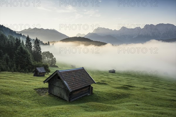 Sunrise and morning fog, Geroldsee or Wagenbruechsee, Kruen near Mittenwald, Werdenfelser Land,