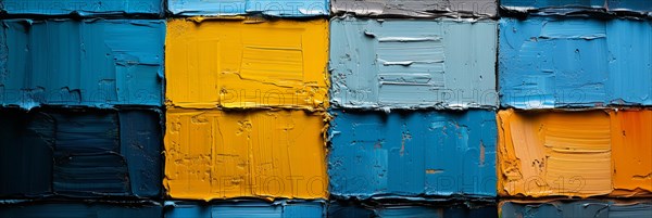 Geometric blocks of oil paint in blue and orange with heavy textures, banner 3:1 wide style,