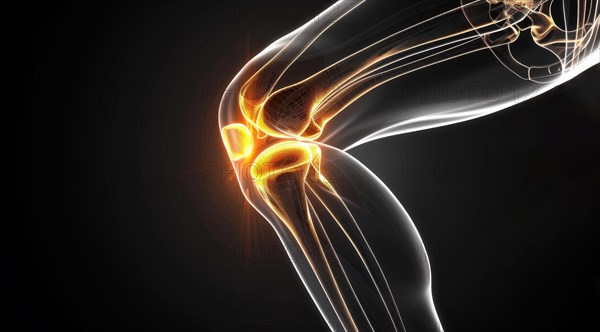 3D render of knee joint in motion with a striking yellow glow against a dark background, ai