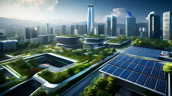 Conceptual futuristic sustainable city replete with green rooftops and integrated solar panels, AI