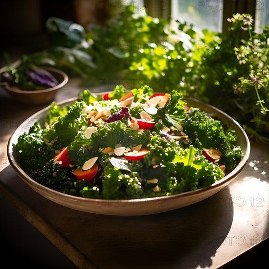 Hearty kale and almond salad glistens under the morning sun inside a sun drenched greenhouse, AI