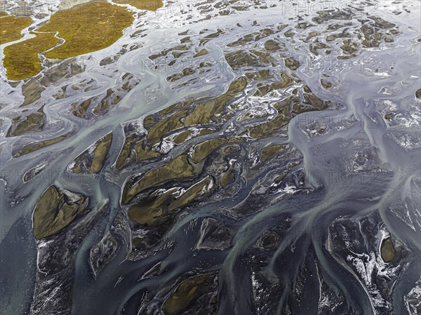 Overgrown river landscape, Eldhraun, near Kirkjubaejarklaustur, drone image, Sudurland, Iceland,