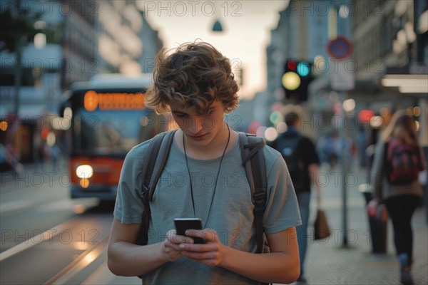 Pupil looking at his smartphone at a bus stop, symbolic image for accident risk due to media
