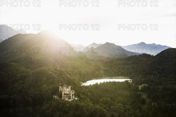 Hohenschwangau Castle, foehn storm, sunset, near Fuessen, Ostallgaeu, Allgaeu, Bavaria, Germany,